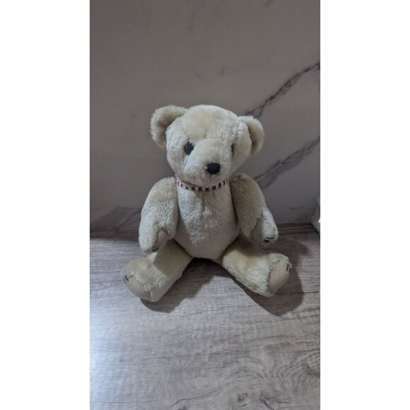 Vintage Beige Teddy Bear W/ Red & White Striped Collar Plush Toy Collectible 12" - Picture 6 of 7